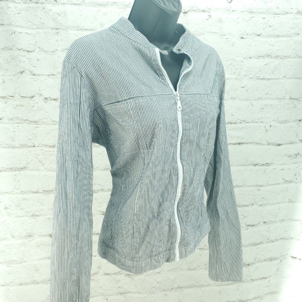 Kathy Ireland Womens Blue White Striped Long Sleeve Full Zip Jacket Size Large